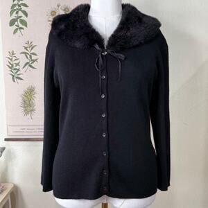 90s Y2k Faux Fur Collar Cardigan Sweater Dark Coquette Romantic Goth Old Money L